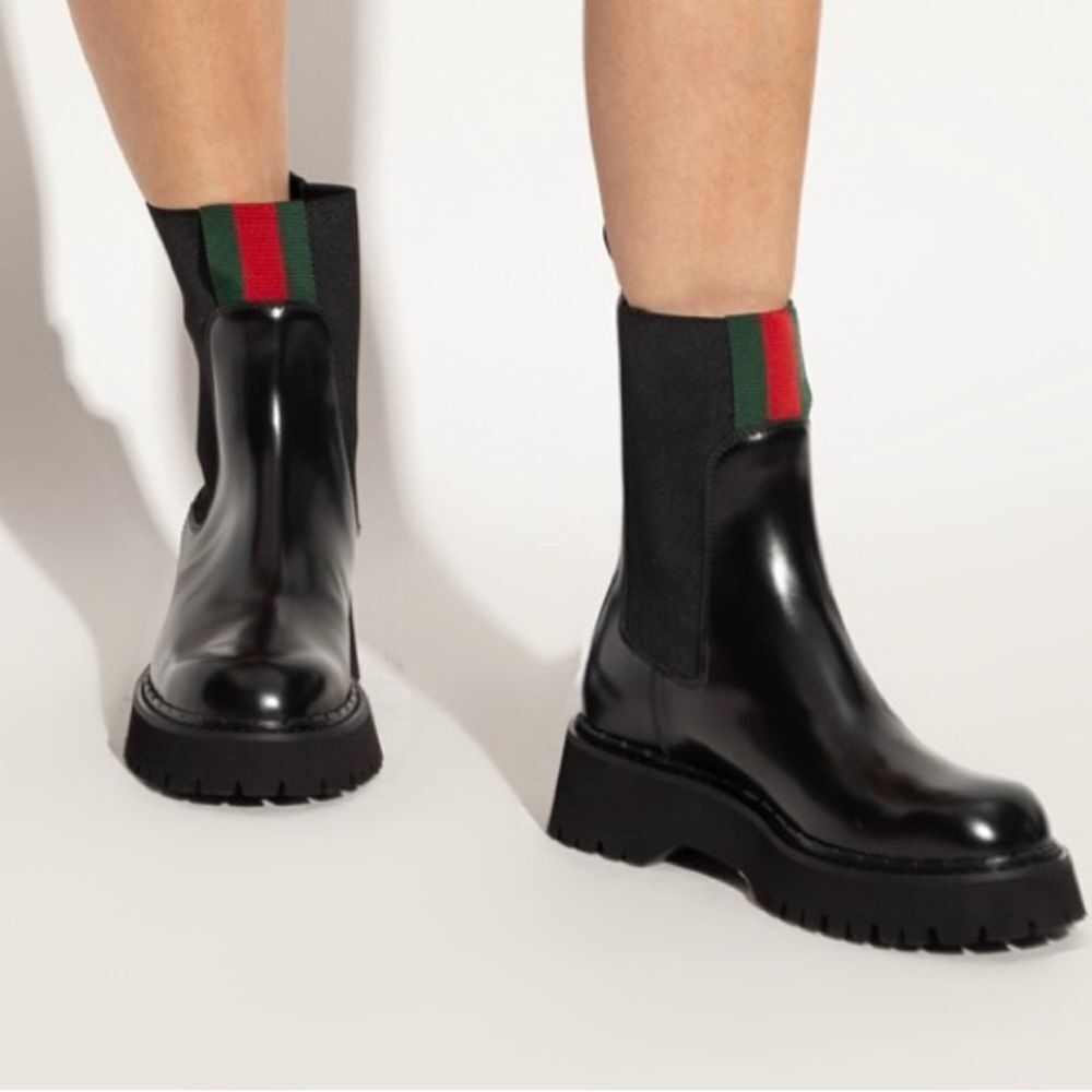 Gucci Black Leather Combat Boots with Green and Red Accents